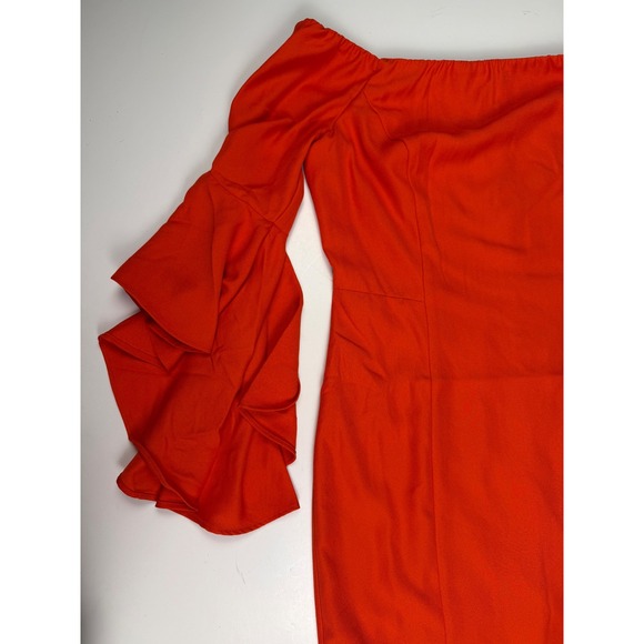 Orange Off the Shoulder Ruffle Bell Sleeve Sheath Fitted Waist Dress Size 8 - Picture 3 of 11
